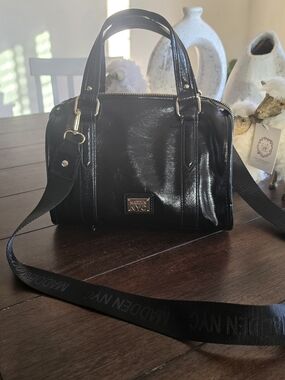 Madden NYC Black Patent Satchel with Detachable Webbed Strap